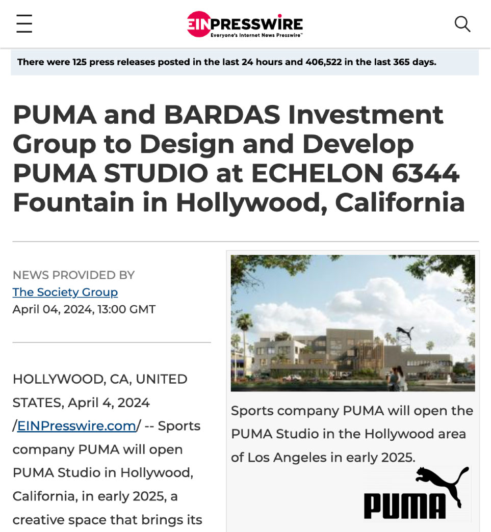 PUMA and BARDAS Investment Group to Design and Develop PUMA STUDIO at ECHELON 6344 Fountain in Hollywood, California